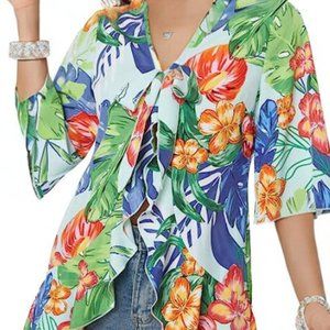 Tribear Women Tropical Floral Open Front Tie Knot Top size S